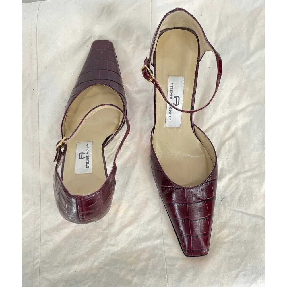 Etienne Aigner Womens Pumps 10 Heels Burgundy Croc Embossed Leather Pointed Toe